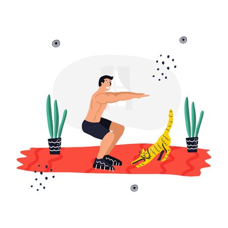 Active lifestyle and fitness training. Modern flat cartoon style. Man doing squats at home vector illustrationのイラスト素材