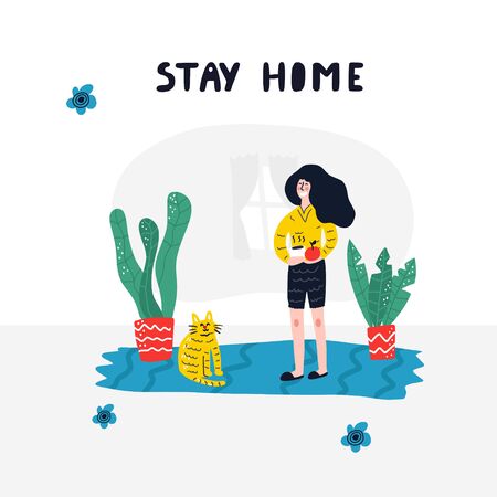Woman and cat are at home.のイラスト素材