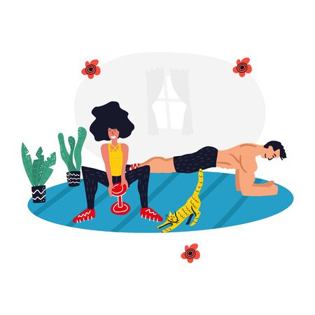 Active lifestyle and fitness training. Modern flat cartoon style. Man and woman training at home vector illustrationのイラスト素材