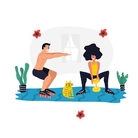 Active lifestyle and fitness training. Modern flat cartoon style. Man and woman doing squats at home vector illustrationのイラスト素材