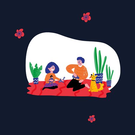 Boy and girl are at home. Stay home concept vector illustrationのイラスト素材
