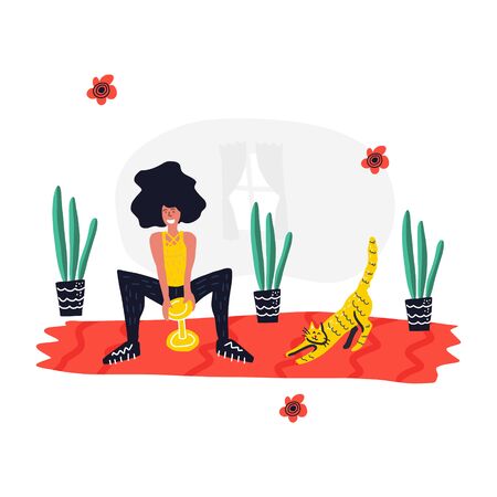 Woman doing plie dumbbell squat at home. Active lifestyle and fitness training. Modern flat cartoon style.のイラスト素材