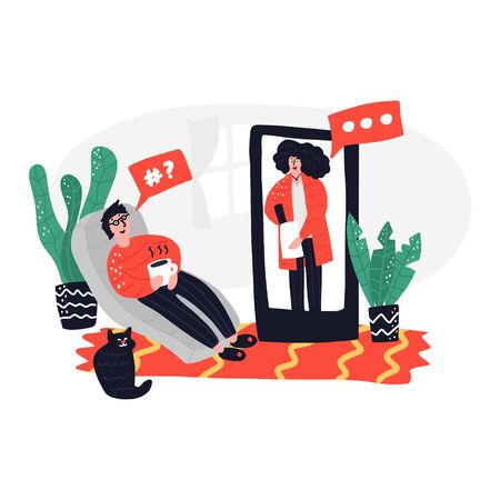 Online psychological assistance service illustration. Woman making notes and man lying on sofaのイラスト素材
