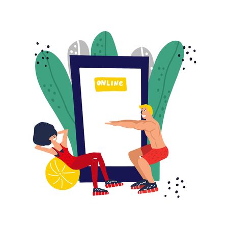 Fitness blog and Workout app concept. Personal trainer online. Active lifestyle and fitness training. Modern flat cartoon style.のイラスト素材