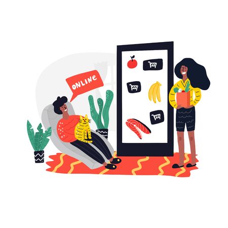 Man and woman at home making online grocery order.のイラスト素材