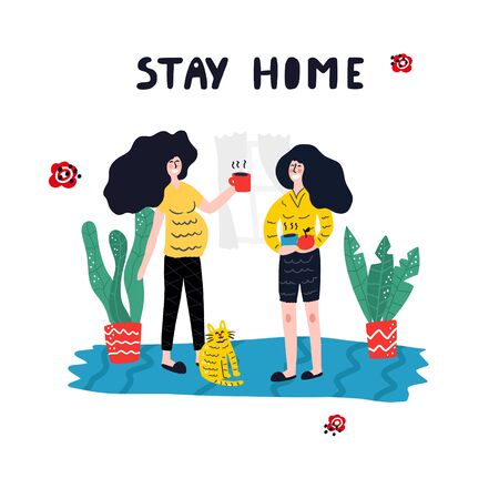 Two women and cat are at home.のイラスト素材