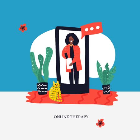 Cartoon hand drawn African American woman making notes. Online psychological assistance service illustrationのイラスト素材