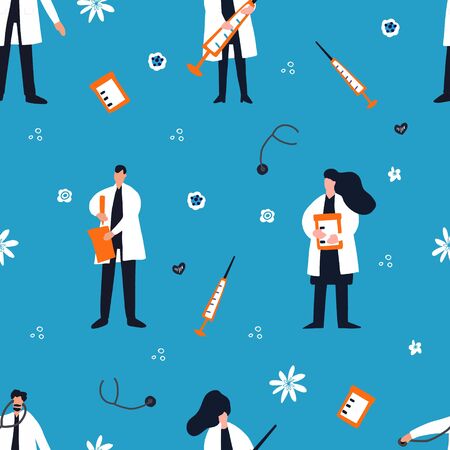 Healthcare diagnosis vector seamless pattern. Cartoon hand drawn design.のイラスト素材