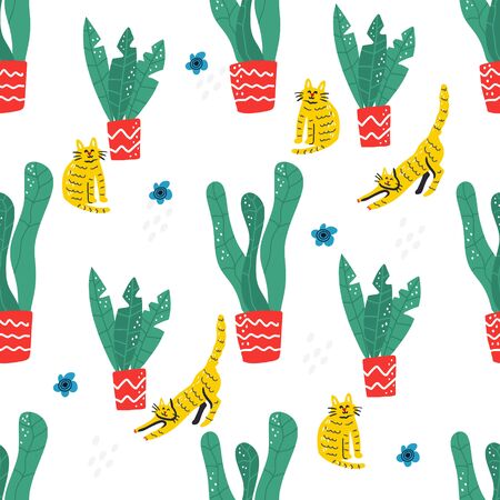 Seamless vector floral pattern with cats, flowers and leaves. Decorative textile, wrapping paper designのイラスト素材
