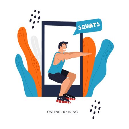 Personal trainer online. Active lifestyle and fitness training. Modern flat cartoon style. Man doing squats vector illustrationのイラスト素材