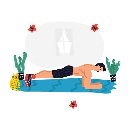 Active lifestyle and fitness training. Modern flat cartoon style. Man doing plank at home vector illustrationのイラスト素材