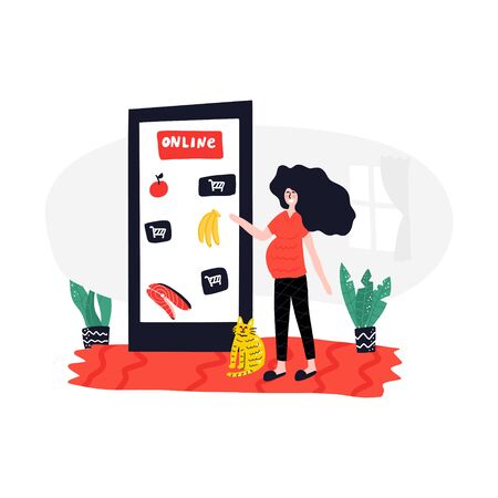 Woman at home making online grocery order.のイラスト素材