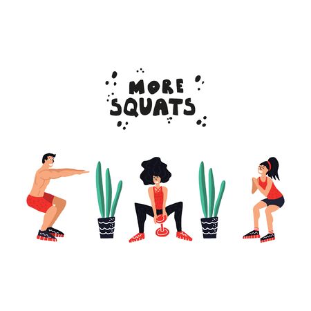 Active lifestyle and fitness training. Modern flat cartoon style. Man and women training at home vector illustrationのイラスト素材