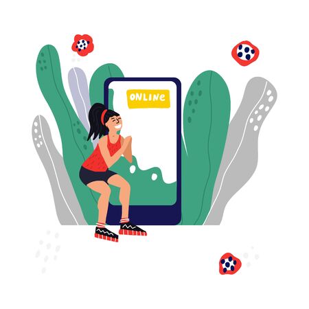 Personal trainer online. Active lifestyle and fitness training. Modern flat cartoon style.のイラスト素材
