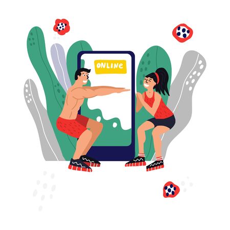 Personal trainer online. Active lifestyle and fitness training. Modern flat cartoon style.のイラスト素材