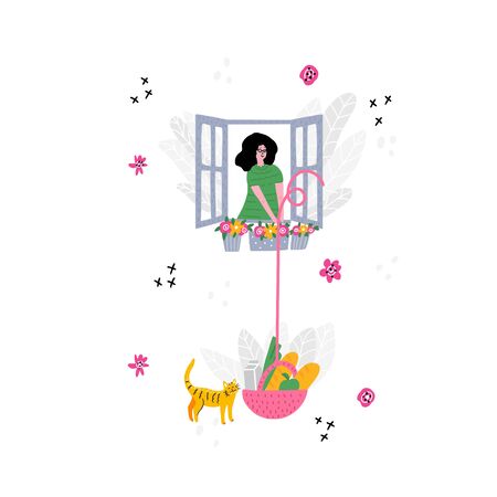 Woman offering free food out of windowのイラスト素材