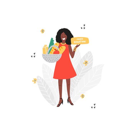African American woman holding basket with food.のイラスト素材