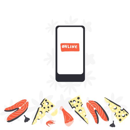 llustration of mobile gadget with different food. Food delivery, internet shopping concepts. Vector hand drawn illustrationのイラスト素材