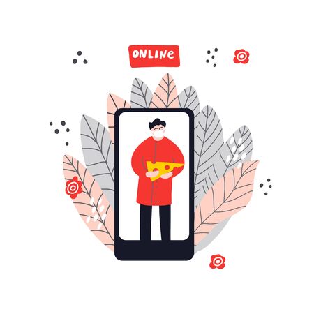Man with mask holding a cheese. Food delivery, internet shopping concepts. Vector hand drawn illustrationのイラスト素材