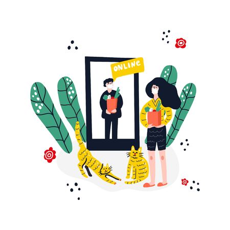 People holding package box with groceries. Hand drawn vector Illustrationのイラスト素材