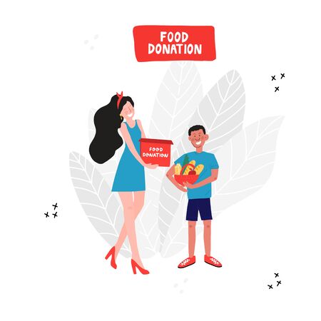 Girl and boy holding basket with food.のイラスト素材