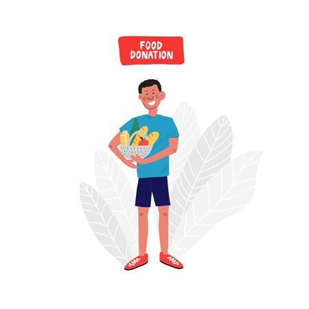 Boy holding basket with food.のイラスト素材