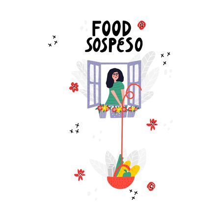 Woman offering free food out of windowのイラスト素材
