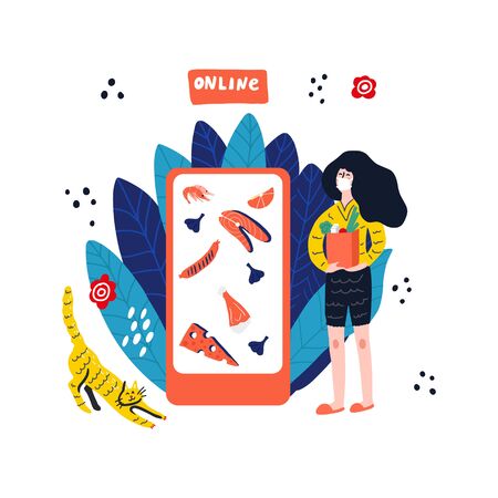 Woman with mask holding a package box with groceries. Food delivery, internet shopping concepts. Vector hand drawn illustrationのイラスト素材