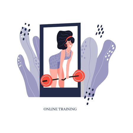 Personal trainer online. Active lifestyle and fitness training. Modern flat cartoon style. Woman doing barbell deadliff.のイラスト素材