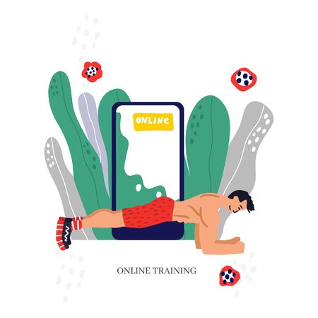 Personal trainer online. Active lifestyle and fitness training. Modern flat cartoon style. Man doing plank vector illustrationのイラスト素材