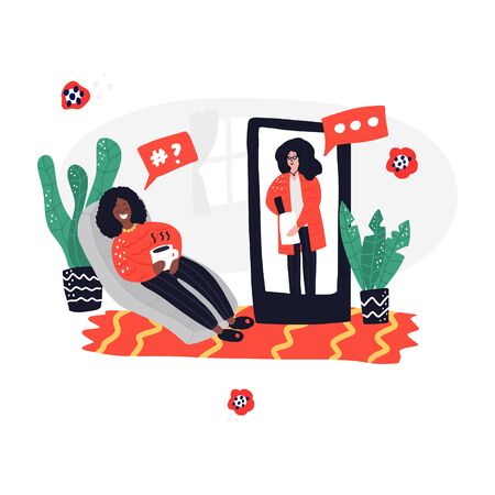 Online psychological assistance service illustration. Woman making notes and woman lying on sofaのイラスト素材