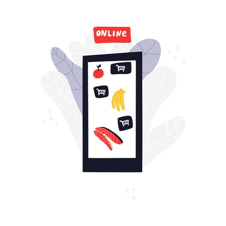 Illustration of mobile gadget with different food. Food delivery, internet shopping concepts. Vector hand drawn illustrationのイラスト素材