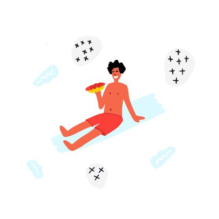 Boy eating hot dog on beach.のイラスト素材