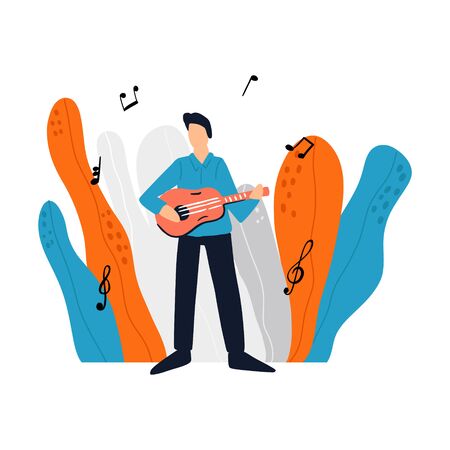 Man in suit is playing guitar. Modern flat cartoon style.のイラスト素材