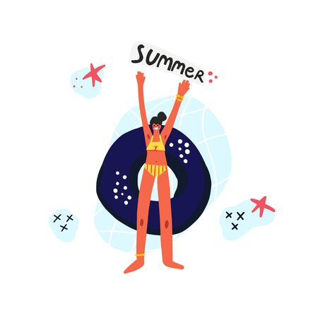 Woman relaxing on rubber ring.のイラスト素材