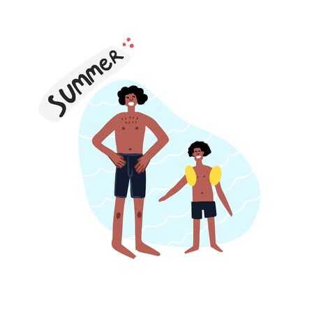 African American man with African American boy. Flat hand drawn illustration of family.のイラスト素材