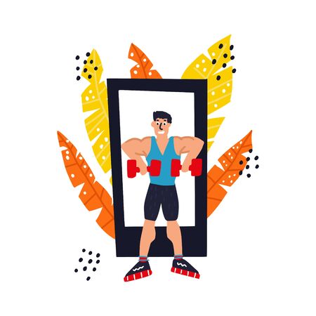 Personal trainer online. Active lifestyle and fitness training. Modern flat cartoon style. Man doing upward row vector illustrationのイラスト素材
