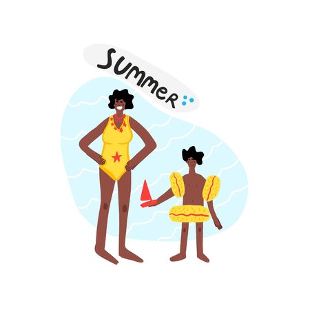 African American woman with African American boy. Flat hand drawn illustration of family.のイラスト素材
