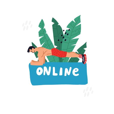 Personal trainer online. Active lifestyle and fitness training. Modern flat cartoon style. Man doing plank vector illustrationのイラスト素材