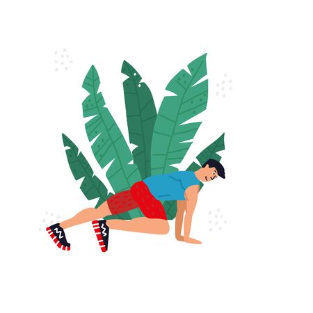 Personal trainer online. Active lifestyle and fitness training. Modern flat cartoon style. Man doing mountain climbers vector illustrationのイラスト素材
