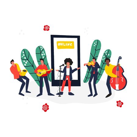 Modern flat cartoon style. Music band plays music online. Modern flat cartoon style.のイラスト素材