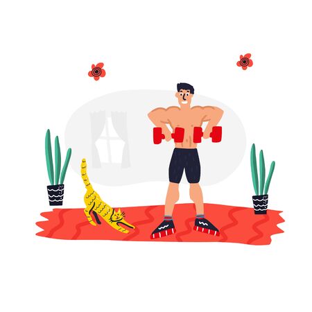 Personal trainer online. Active lifestyle and fitness training. Modern flat cartoon style. Man doing upward row at home vector illustrationのイラスト素材