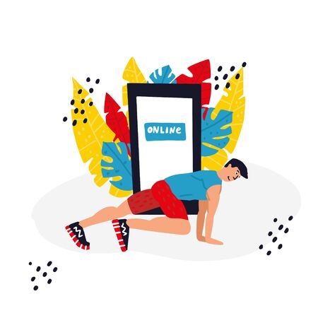 Personal trainer online. Active lifestyle and fitness training. Modern flat cartoon style. Man doing mountain climbers vector illustrationのイラスト素材