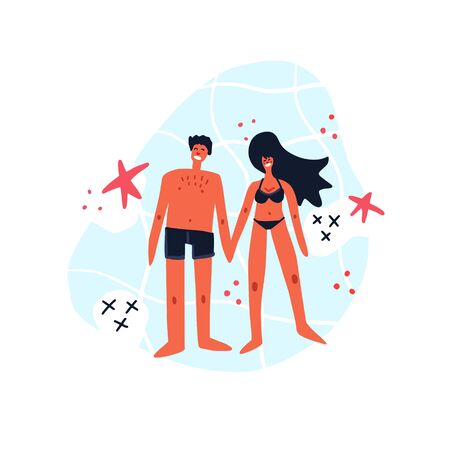 Woman and man standing in the sea. Flat hand drawn illustration of family.のイラスト素材
