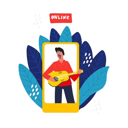 Man in suit is playing guitar. Modern flat cartoon style.のイラスト素材