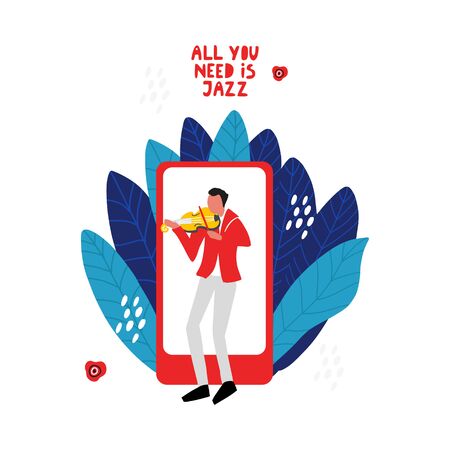 A man in suit is playing violin. Modern flat cartoon style.のイラスト素材