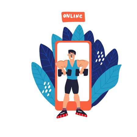 Personal trainer online. Active lifestyle and fitness training. Modern flat cartoon style. Man doing upward row vector illustrationのイラスト素材