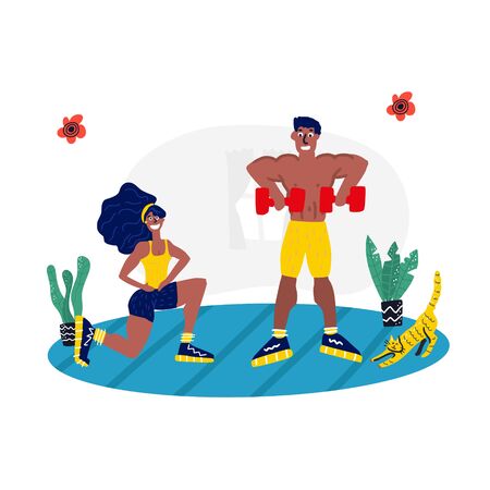 Personal trainer online. Active lifestyle and fitness training. Modern flat cartoon style. Family doing sport exercises at home vector illustrationのイラスト素材