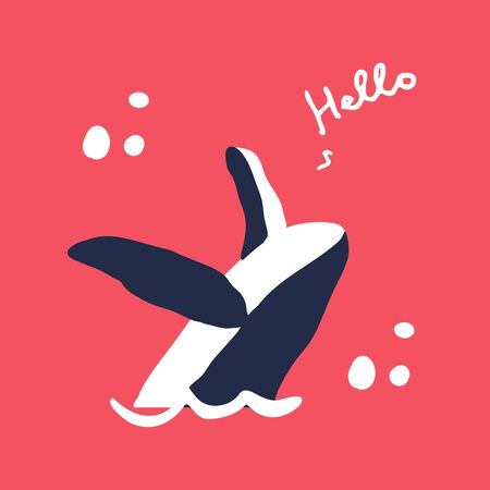 cute hand drawn whale with the word hello on red backgroundのイラスト素材