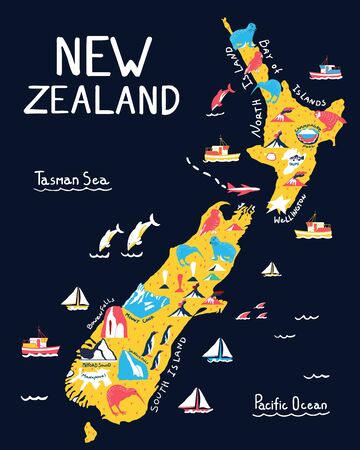 Map on blue background. New Zealand nature landmarks, animals. Travel postcard, poster concept designのイラスト素材